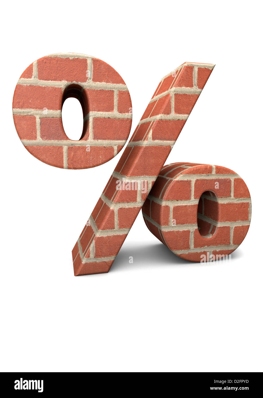 Symbole pourcentage construit à partir de briques isolé sur fond blanc - taux d'intérêt inflation / concept / logement Banque D'Images