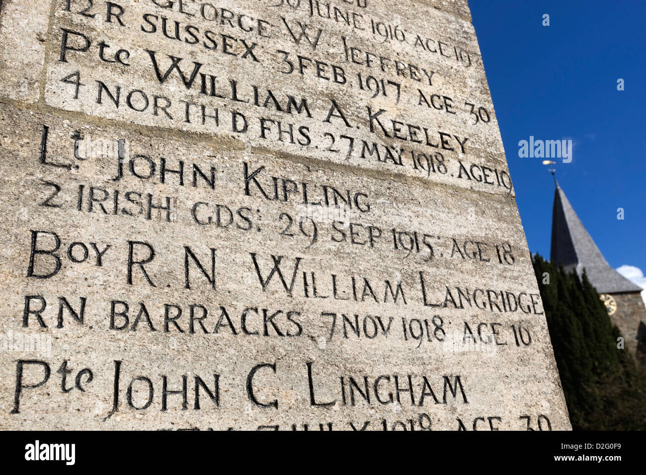 War Memorial avec nom de Lt John Kipling, fils de Rudyard Kipling Banque D'Images