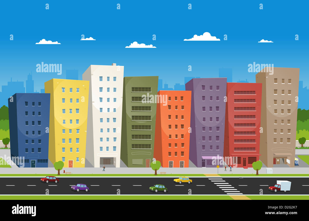 Illustration D Un Dessin Anime Centre Ville De Scene Avec Les Immeubles Les Voitures Et Certains Caracteres Sur Le Trottoir Photo Stock Alamy