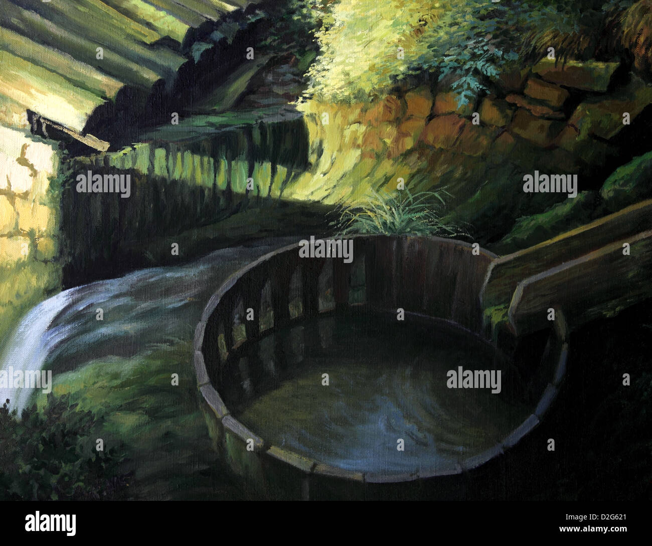 Une peinture à l'huile sur toile d'un soleil clair caressant patch le paysage et l'ancien moulin à eau Banque D'Images