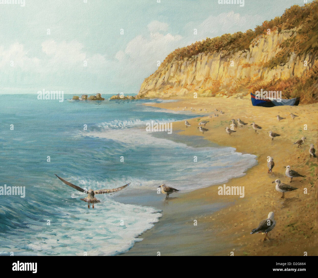 Une peinture à l'huile sur toile d'un été à la plage. Plage isolée comme un royaume de tranquillité, avec un bateau de pêche. Banque D'Images
