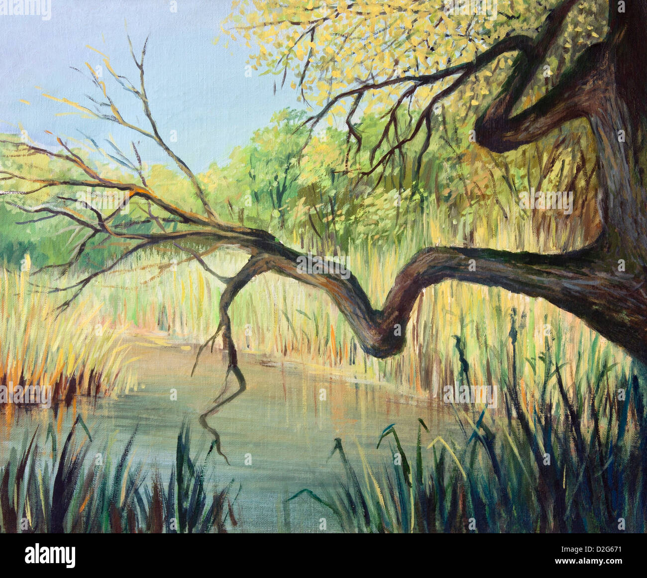 Une peinture à l'huile sur toile d'un petit lac paisible dans le début de l'automne. Un lieu plein de quiétude. Banque D'Images