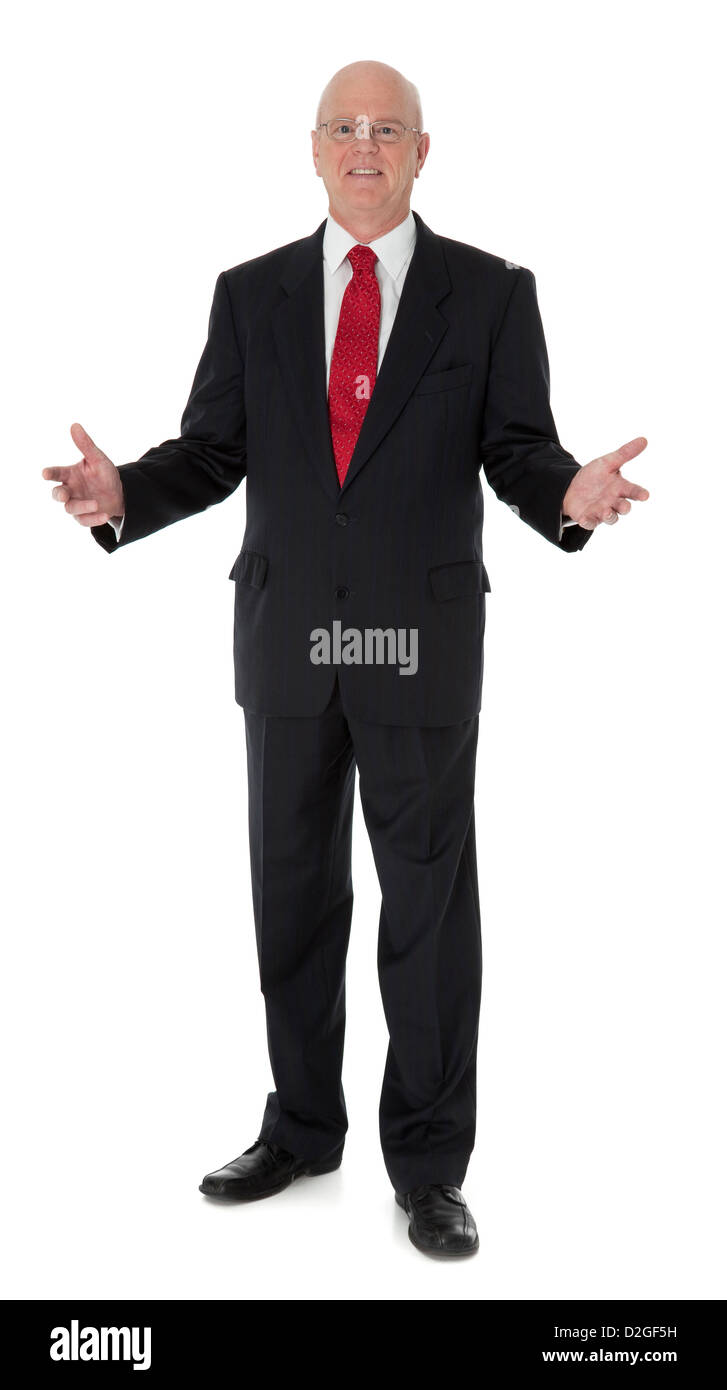 Photo de pleine longueur mature businessman en costume noir, debout sur fond blanc Banque D'Images