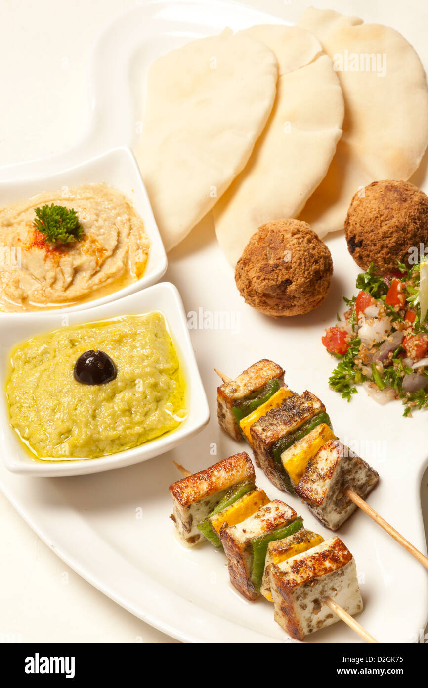 Kebab plat avec de la viande, du pain pita, houmous, poulet grillé et salade. Banque D'Images