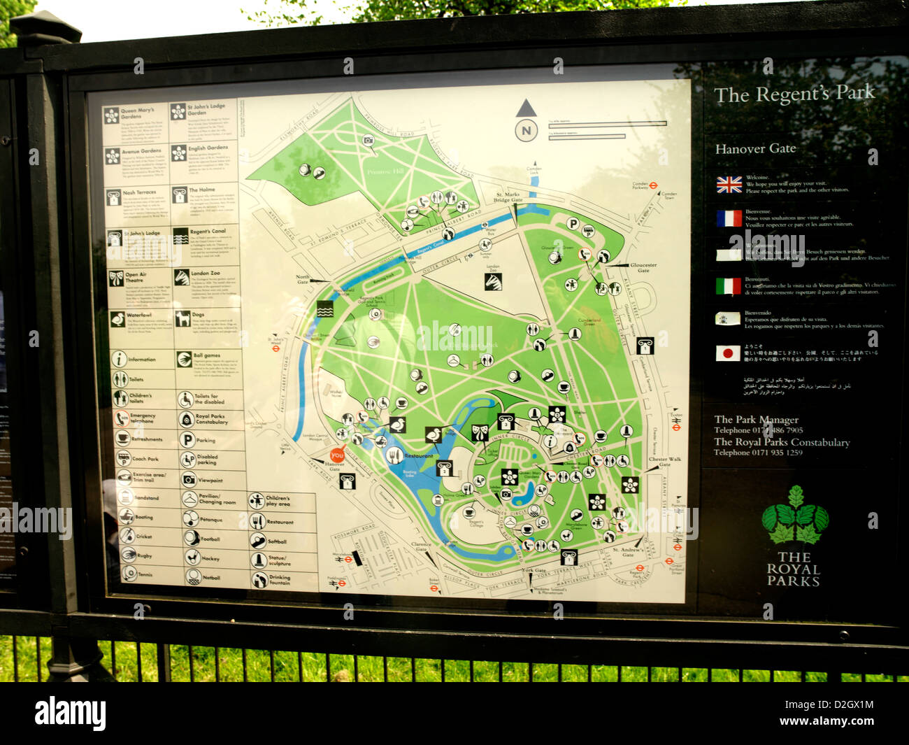 Regents Park Londres Angleterre Plan de parc sur Noticeboard Banque D'Images