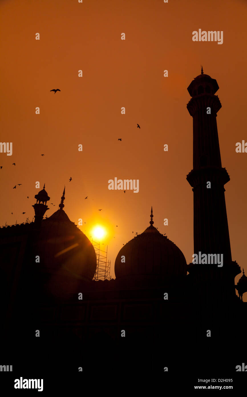 Au coucher du soleil, la Mosquée Jama Masjid de Delhi, Inde Banque D'Images
