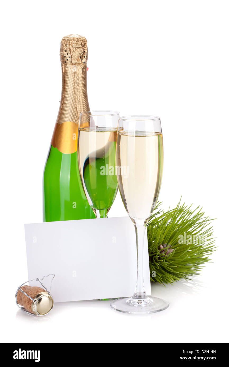Bouteille de champagne, des verres et de carte vide. Isolé sur fond blanc Banque D'Images