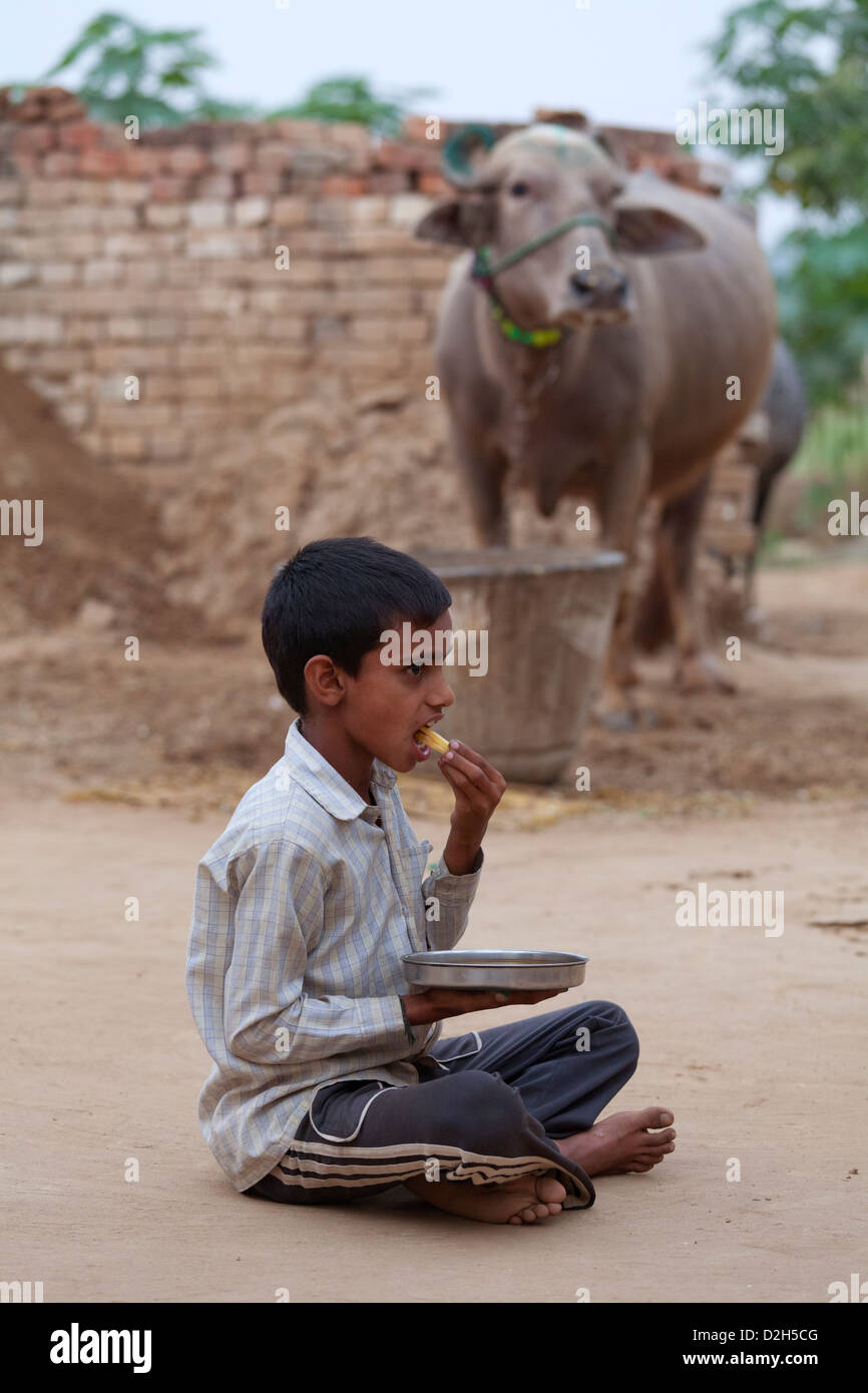 L'Inde, Uttar Pradesh, Agra jeune garçon mangeant dal avec puce western Banque D'Images