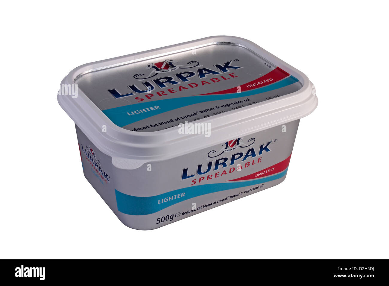 500g de beurre Lurpak plus léger isolé sur fond blanc Banque D'Images