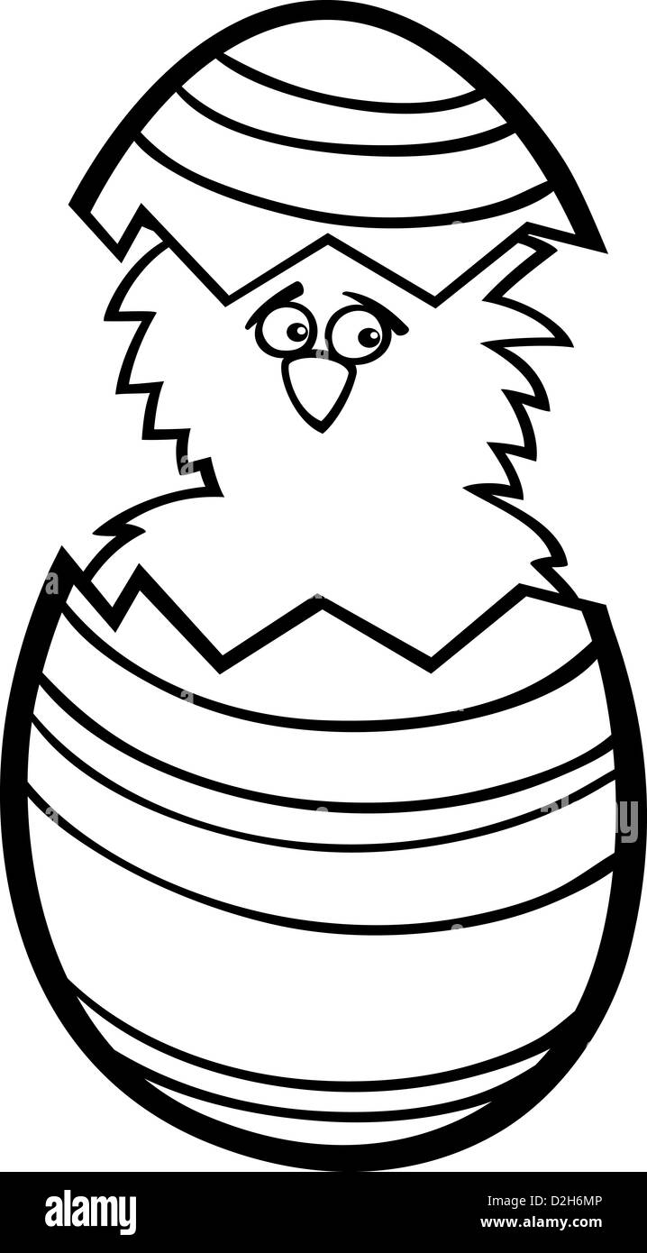 Illustration Cartoon noir et blanc de poulet ou drôle de petit poussin dans la coquille des oeufs de Pâques colorés pour Coloring Book Banque D'Images Illustration Cartoon noir et blanc de poulet ou drôle de petit poussin dans la coquille des oeufs de Pâques colorés pour Coloring Book Banque D'Images