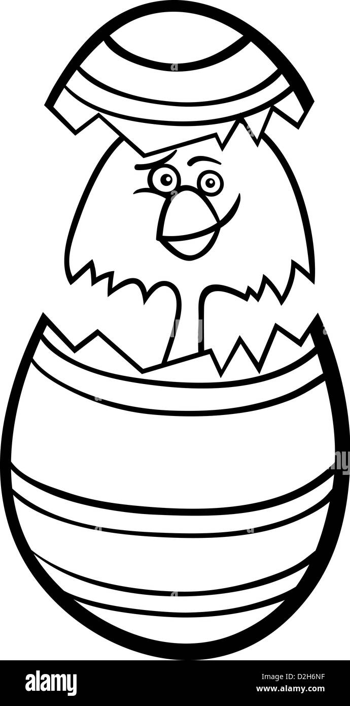 Illustration Cartoon noir et blanc de poulet ou drôle de petit poussin dans la coquille des oeufs de Pâques colorés pour Coloring Book Banque D'Images Illustration Cartoon noir et blanc de poulet ou drôle de petit poussin dans la coquille des oeufs de Pâques colorés pour Coloring Book Banque D'Images