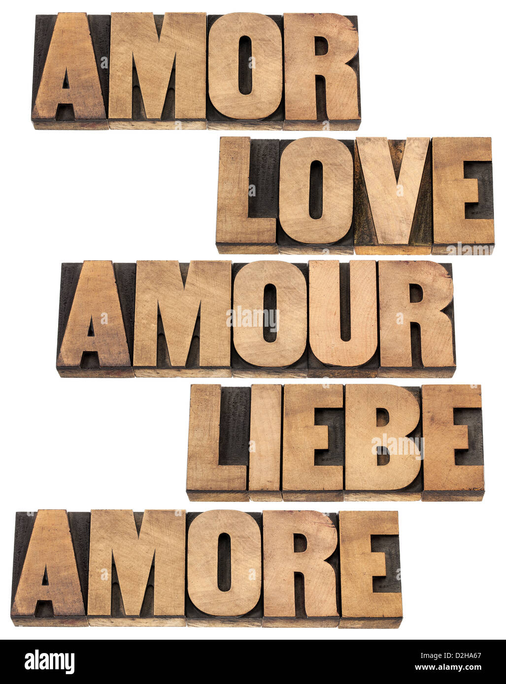 Amour mot en 5 langues (anglais, espagnol, allemand, français et italien) en typographie vintage Banque D'Images