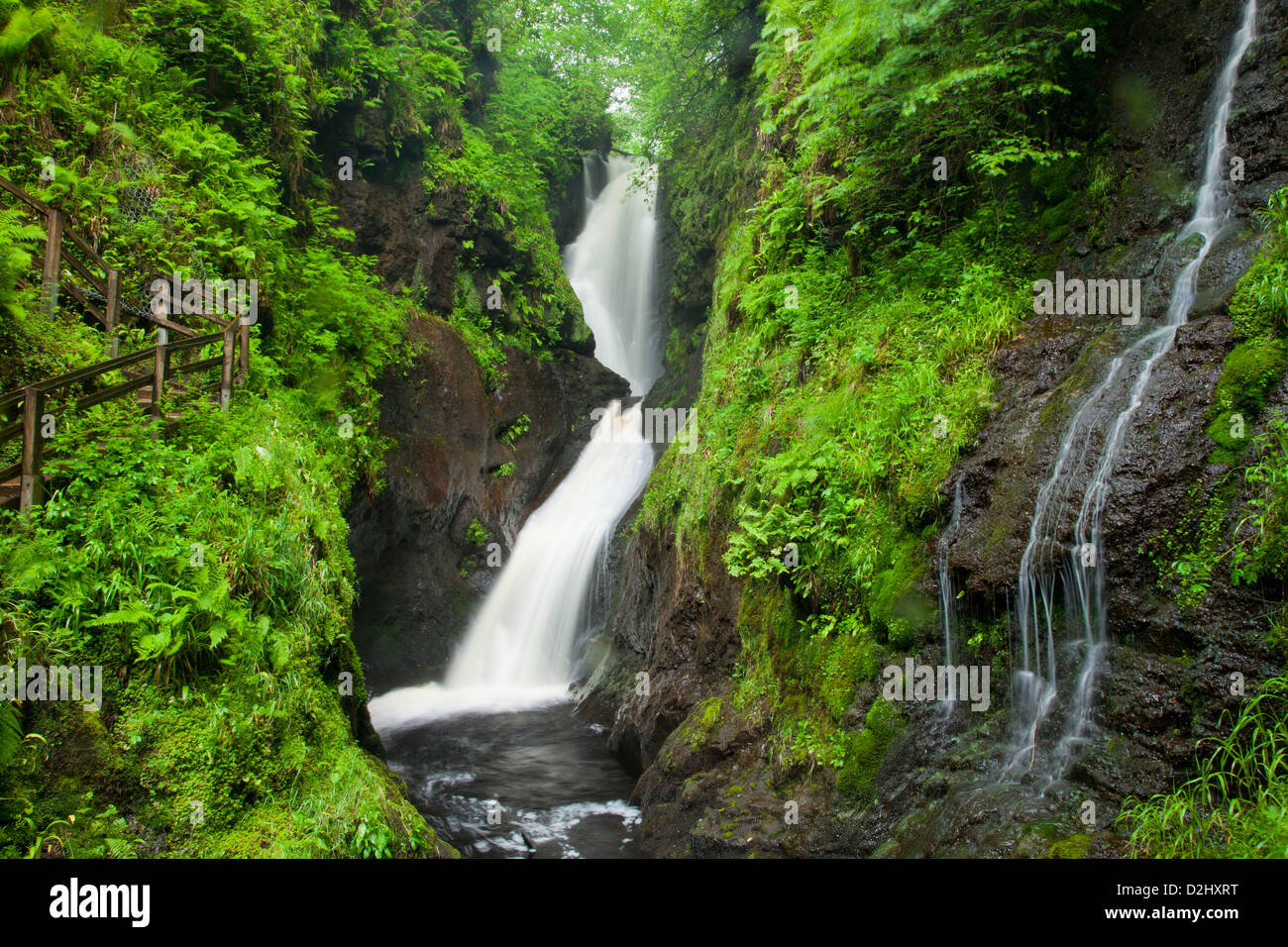 Ess-na-Larach cascade, Glenariff Forest Park, dans le comté d'Antrim, en Irlande du Nord. Banque D'Images