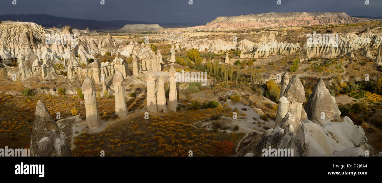 Panorama de cheminées de fées phallique dans la vallée de l'amour du parc national de Göreme Turquie avec soleil du soir Banque D'Images