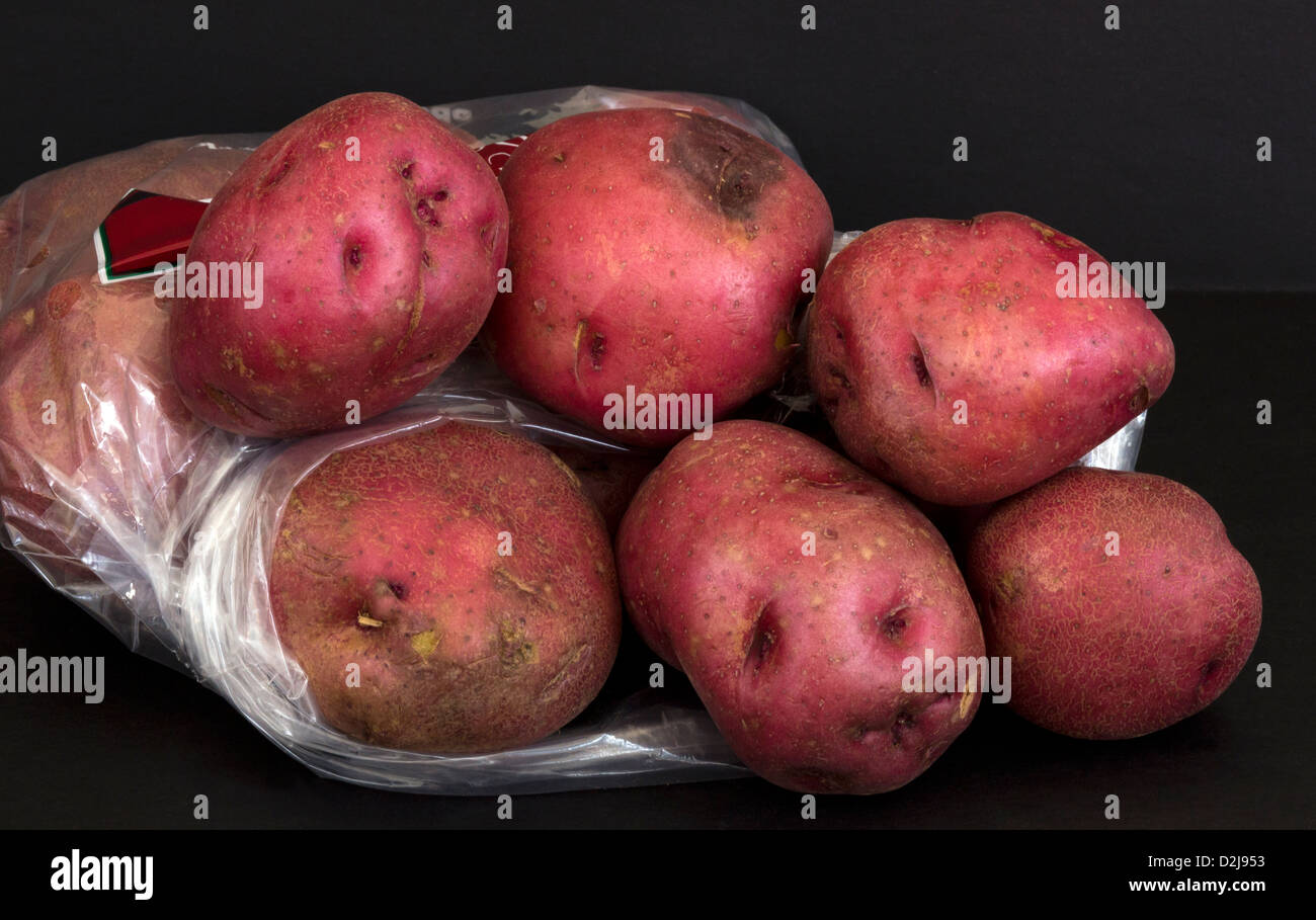 Un sac en plastique rouge de pommes de terre Idaho. Banque D'Images