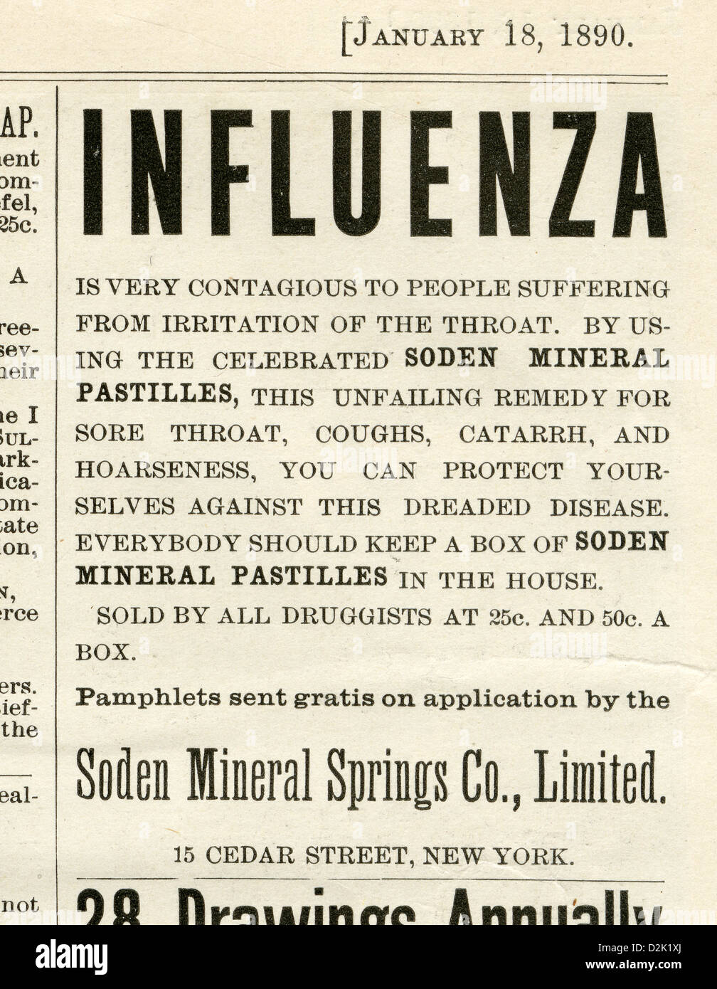 Publicité 1890, protéger vous-même contre la grippe avec Soden pastilles minérales par Soden Mineral Springs Co de New York. Banque D'Images