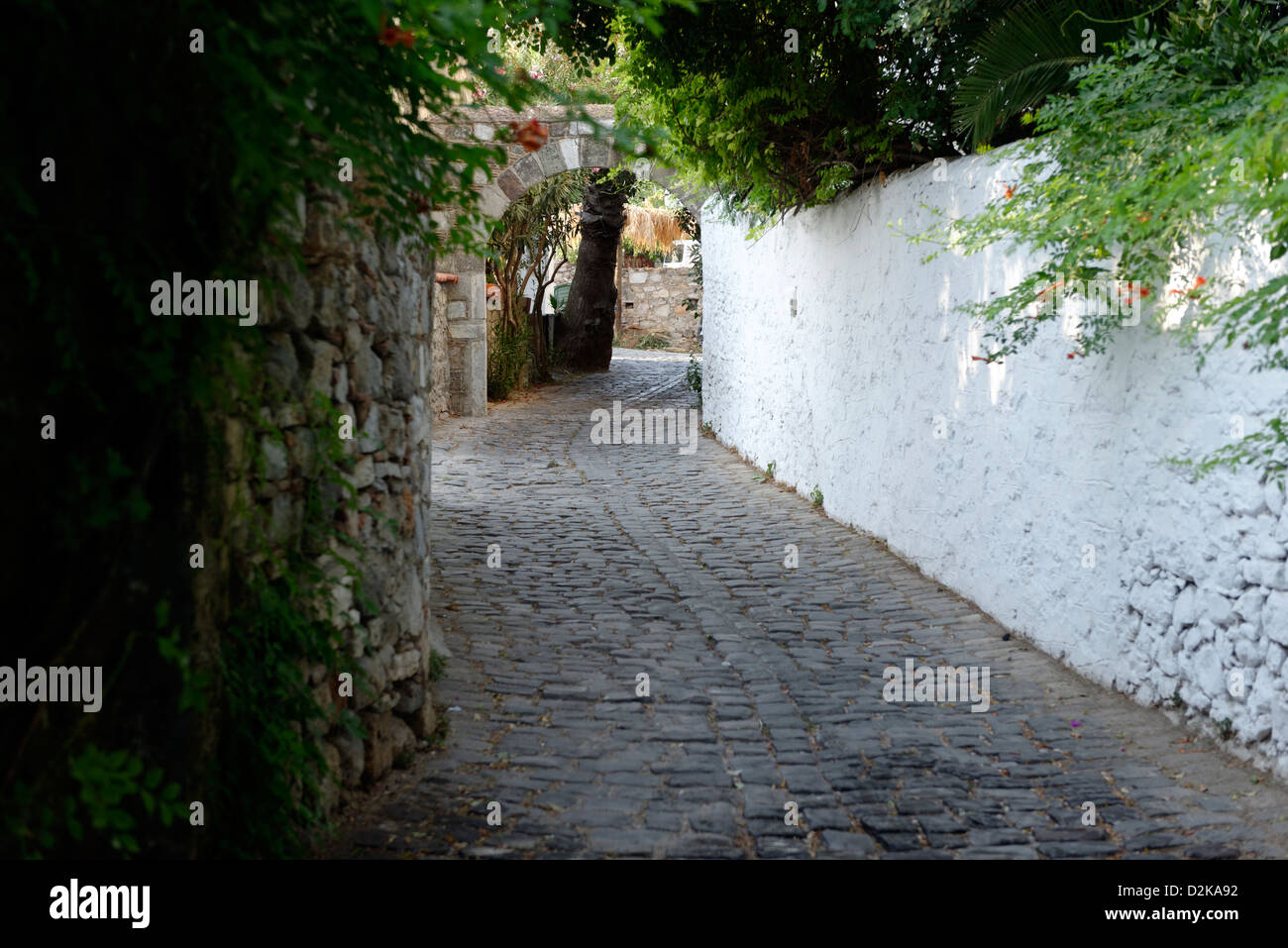 Bodrum Turquie. Quartier calme verdoyant paisible ruelle étroite pavée derrière la promenade du bord de mer. Banque D'Images