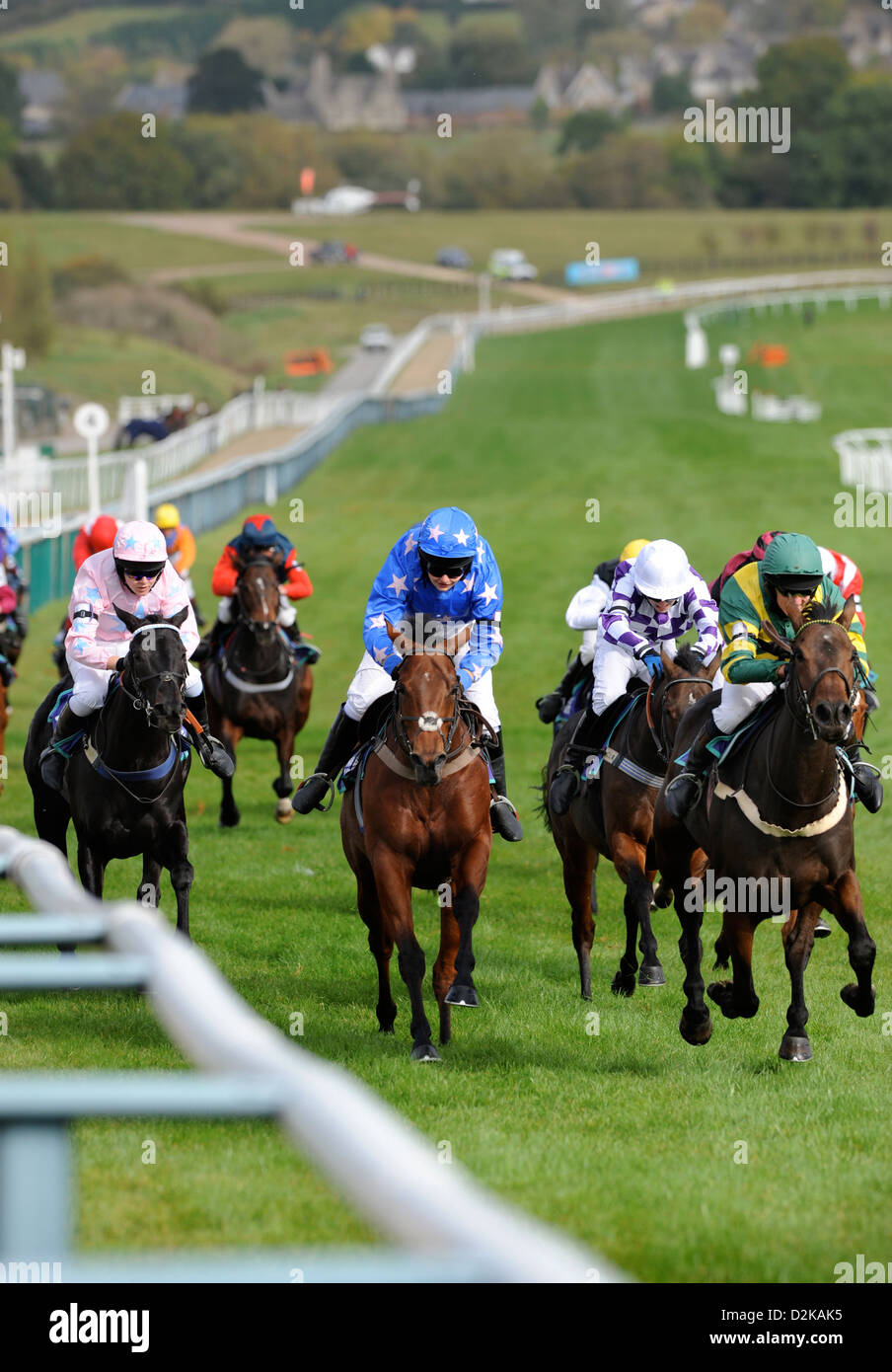 Les jeunes jockeys race jusqu'à la colline dans le 148cm et sous Charles Owen race poney lors d'une réunion finale pour enfants à Cheltenham, Racecour Banque D'Images