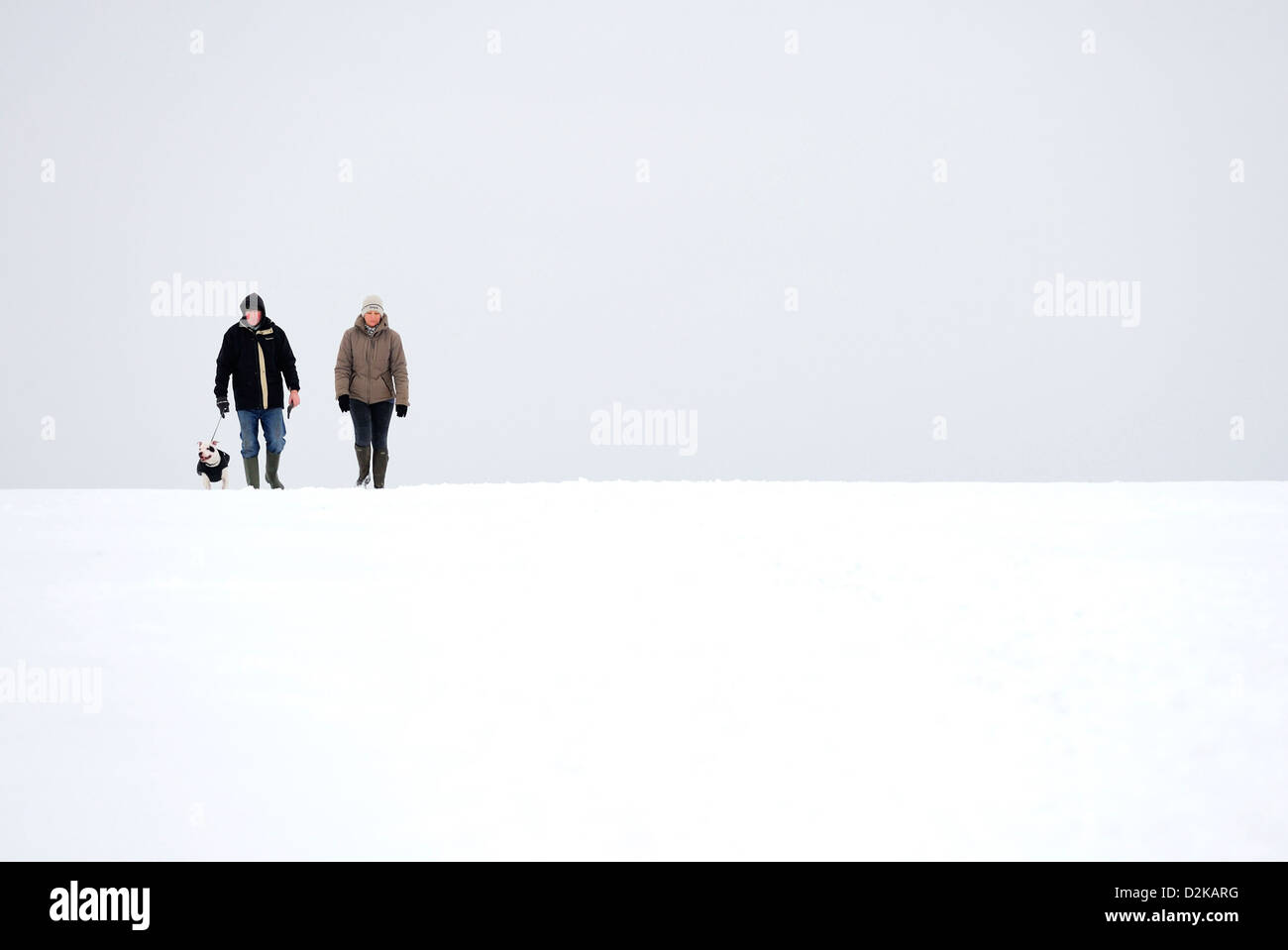 L'homme et de femmes marchant avec leur pit-bull terrier sur un terrain couvert de neige et habillé pour une journée d'hivers froids. Banque D'Images