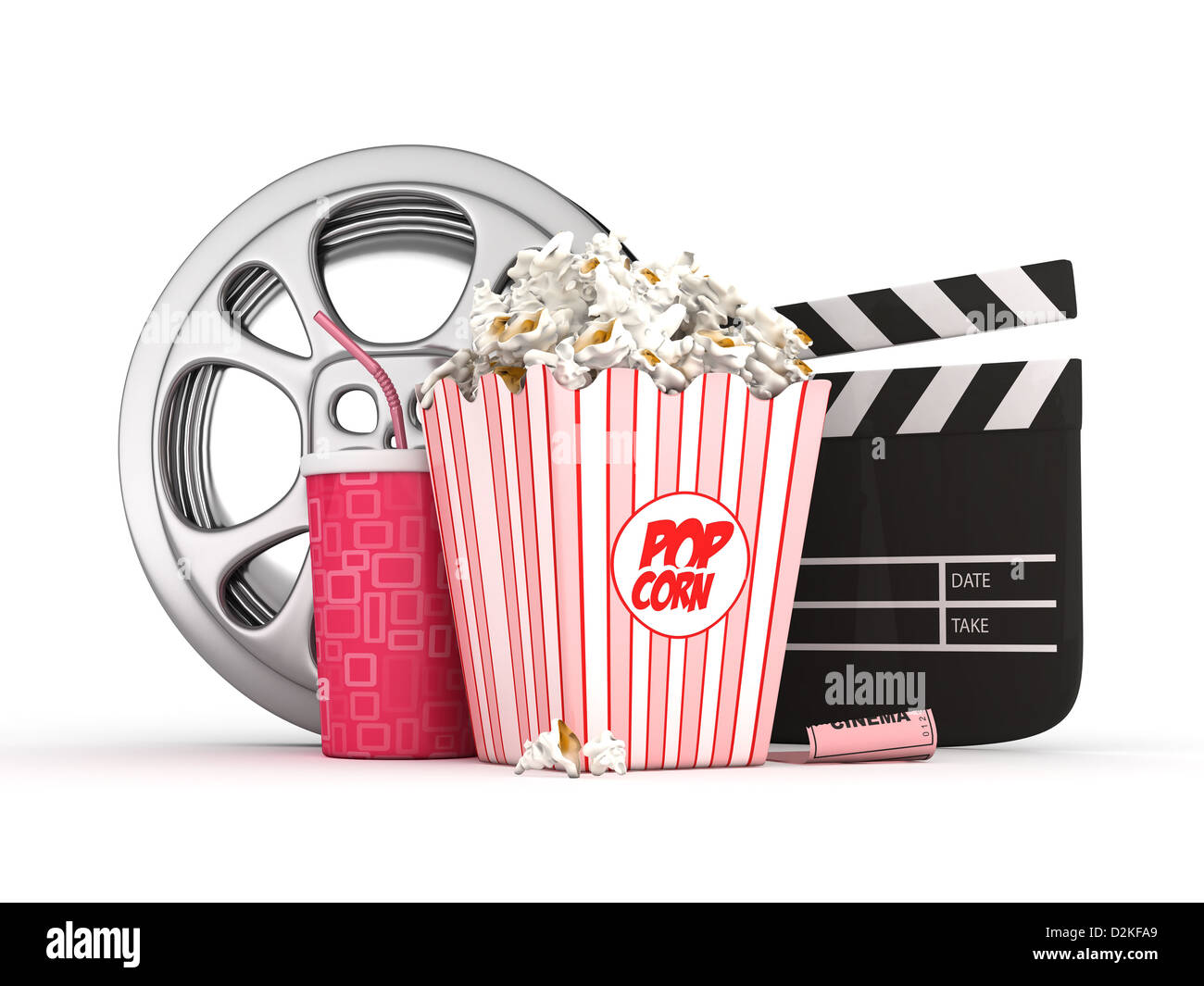Le cinéma 3D concept-bobine de film,Popcorn,Clapper et verre isolé-objet Banque D'Images