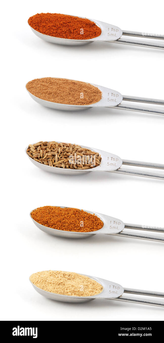 Épices mesurée en cuillerées à thé métal, isolé sur fond blanc : Banque D'Images