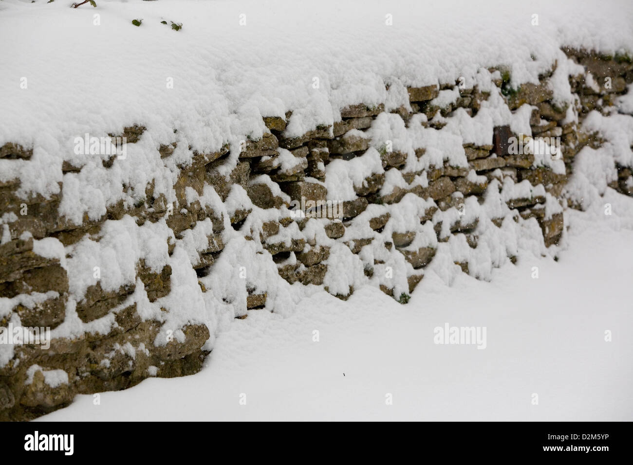Très vieux mur de pierres sèches de Cotswold qui a Caperat Flavoparmelia caperata (lichen) recouvert de neige avec les flocons de neige tomber. Banque D'Images