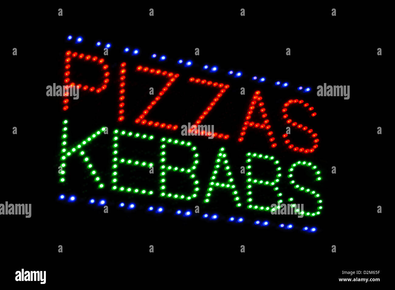 Publicité signe lumineux à led et des kebabs pizza à emporter ou à effectuer Banque D'Images