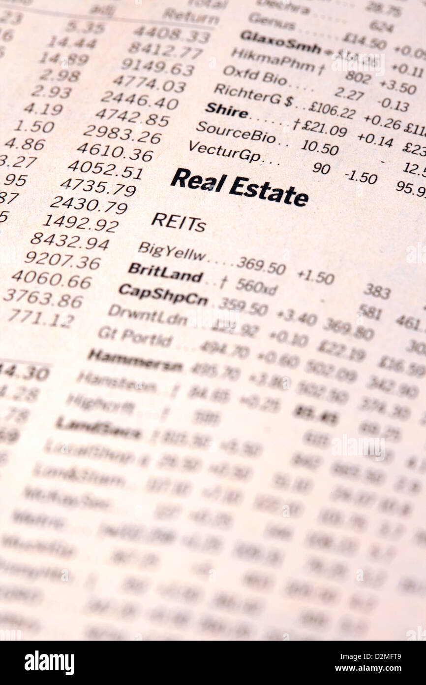 Les stocks de biens immobiliers et d'actions valeurs dans le journal Financial Times, UK Banque D'Images