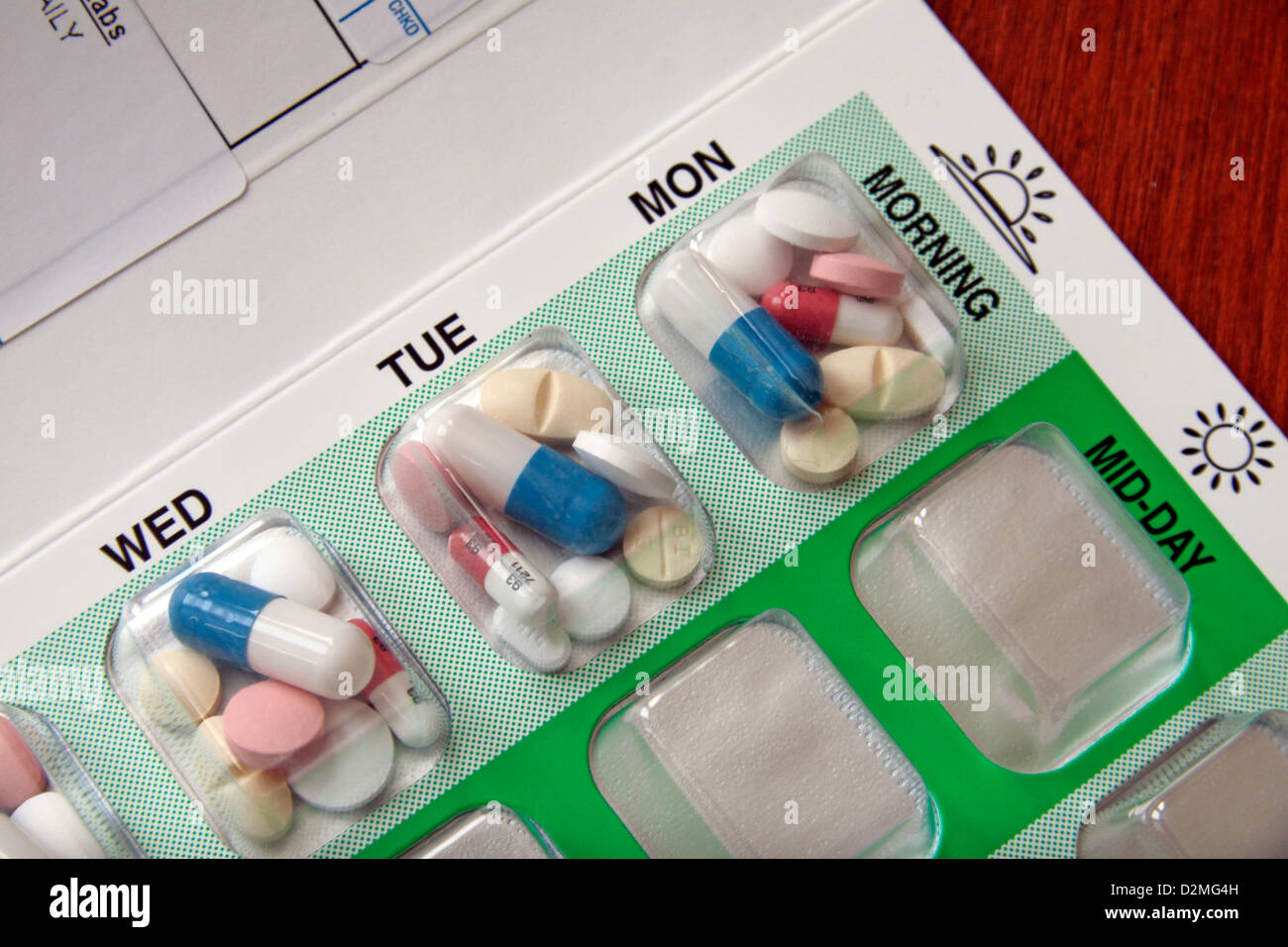 Un Service national de santé (NHS) medicine blister utilisés par ceux qui ont besoin de prendre plusieurs pilules à différents moments de la journée Banque D'Images