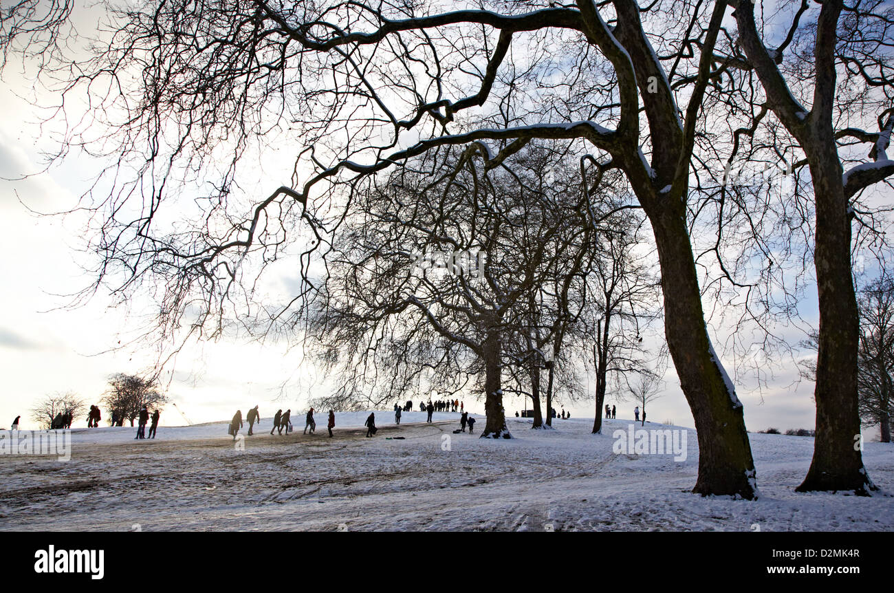 Tobogganig sur Primrose Hill London UK Banque D'Images
