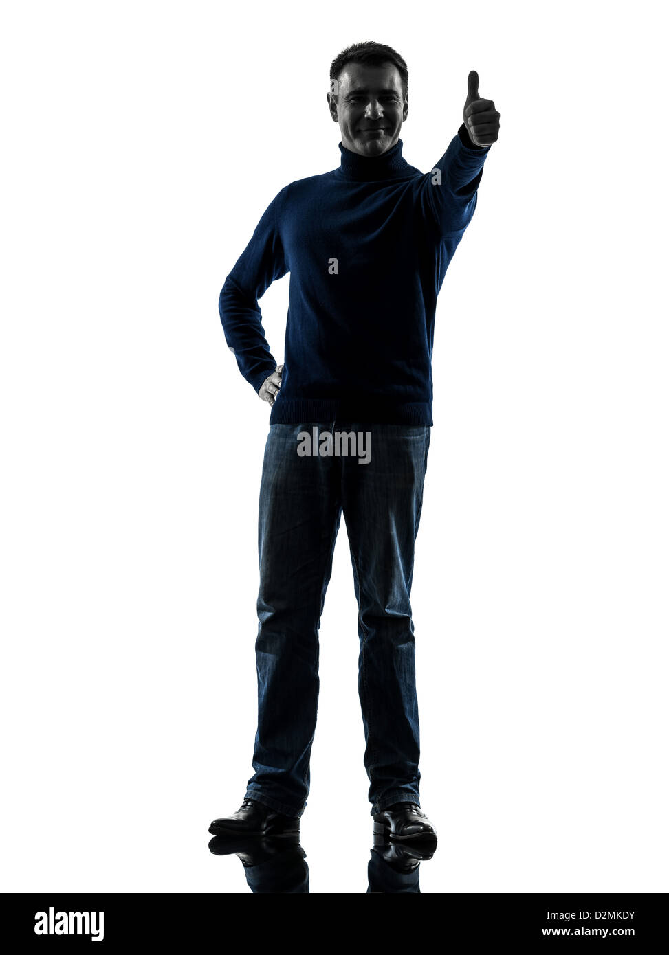 Un homme thumb up full length en silhouette studio isolé sur fond blanc Banque D'Images