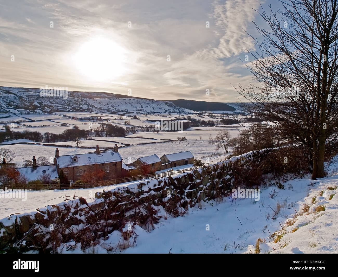 Soleil d'hiver dans la neige, of Glaisdale Yorkshire du Nord. Banque D'Images