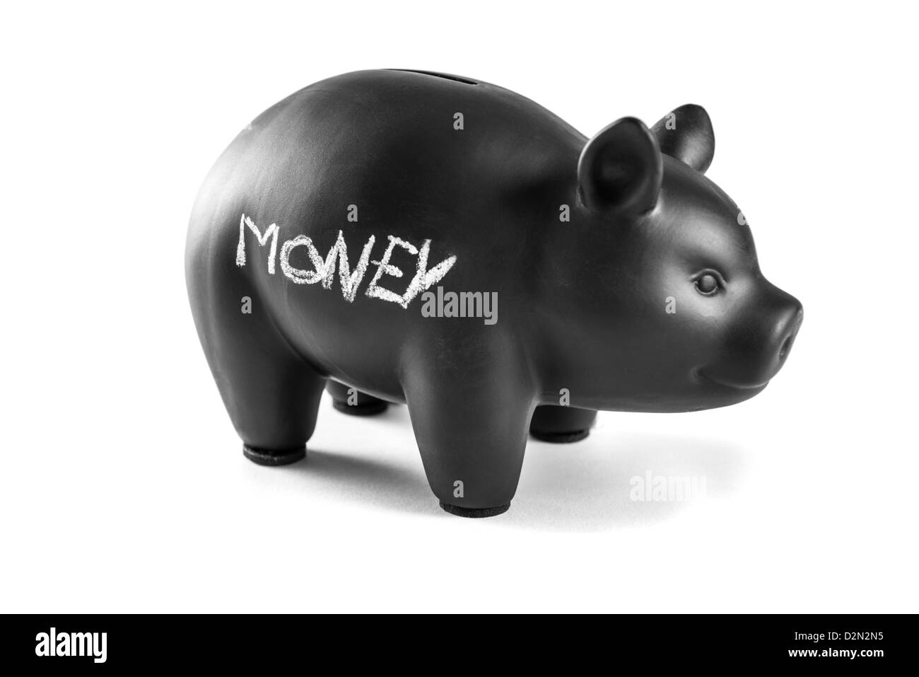 Tirelire noir sur fond blanc avec 'money' écrit dessus Banque D'Images