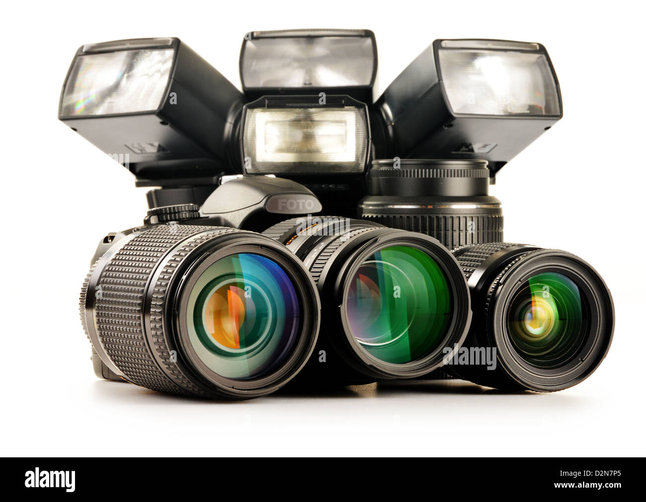 Photo de l'équipement, y compris les objectifs à zoom, flash et l'appareil photo s'allume Banque D'Images