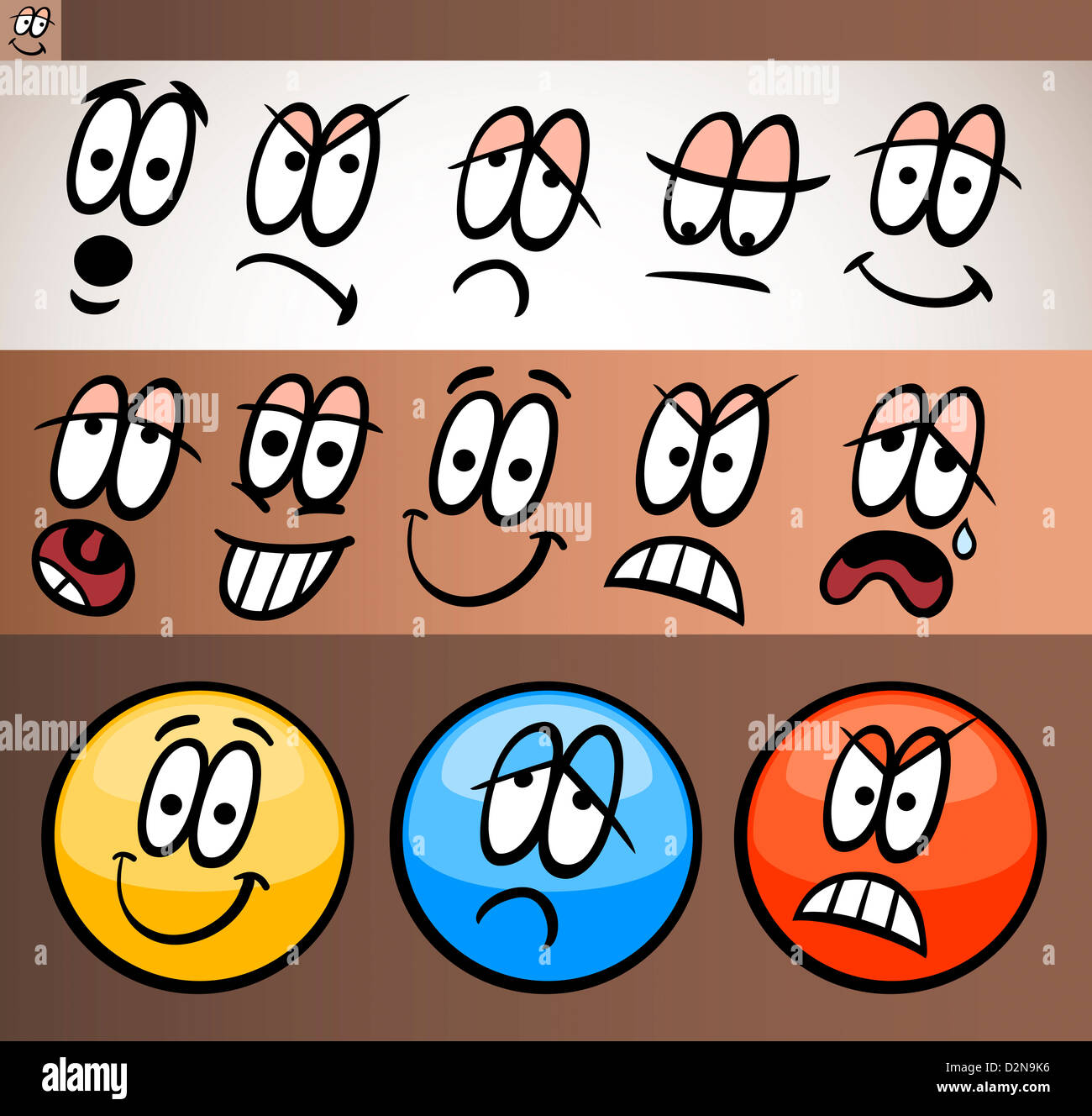 Cartoon Illustration de l'émoticône drôle ou des émotions et des expressions comme triste, heureux, en colère ou sceptique Banque D'Images