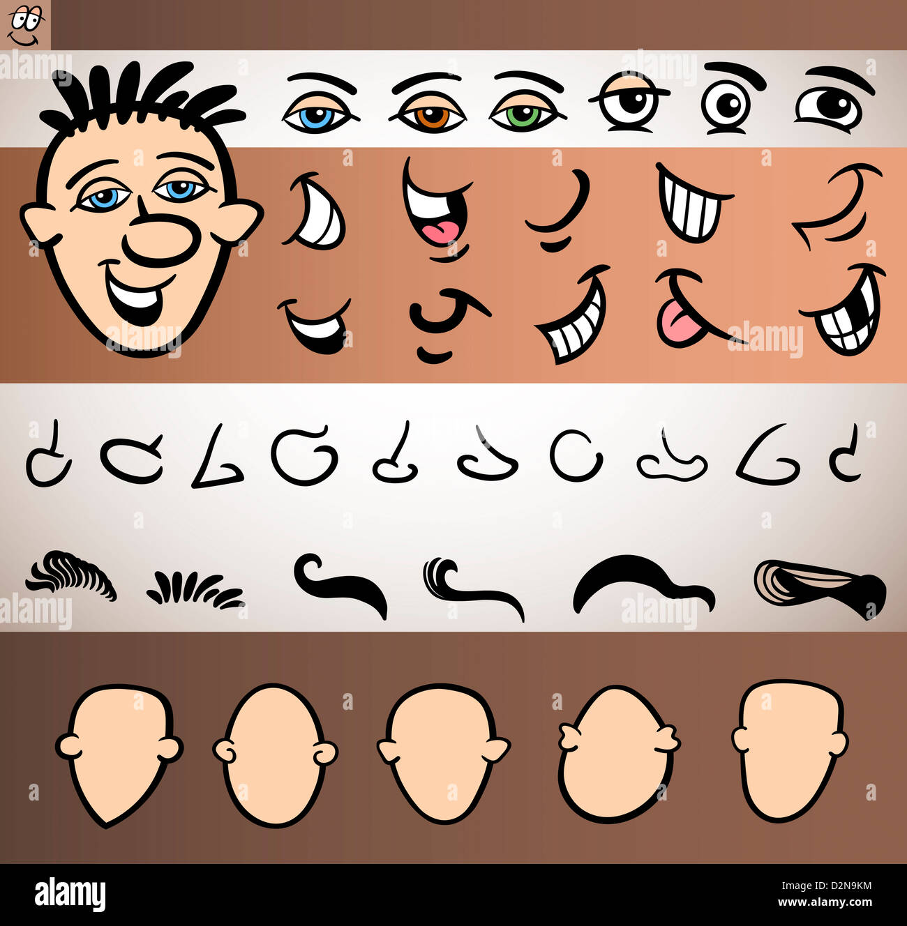 Cartoon Illustration de l'homme drôle face à des éléments comme les yeux, la bouche, le nez, les chefs et les cheveux pour l'animation ou l'application Banque D'Images
