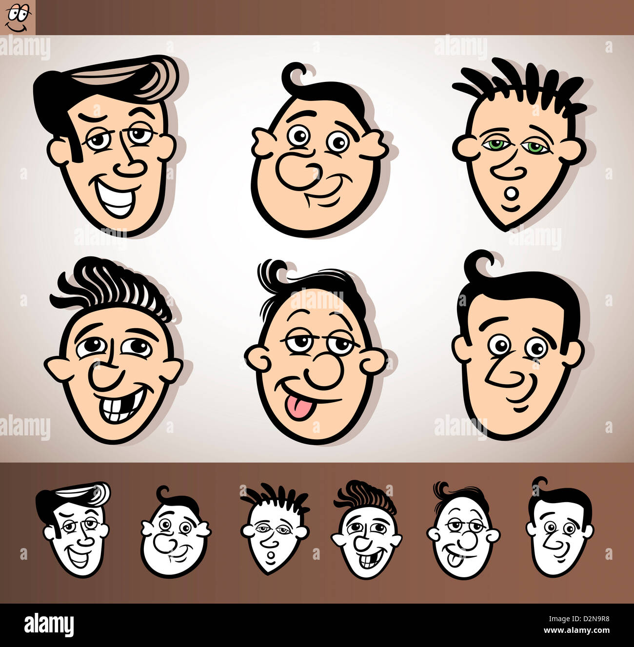 Cartoon Illustration de Funny People avec hommes à la tête plus les versions noir et blanc Banque D'Images