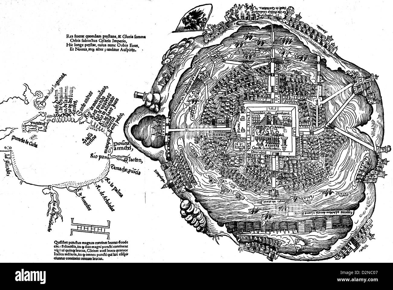 La ville de Mexico et le golfe du Mexique d'Hernan Cortes 'Praeciara Cortesii Ferdinandi de nova maris Hyspania, Nuremberg 1524 Banque D'Images