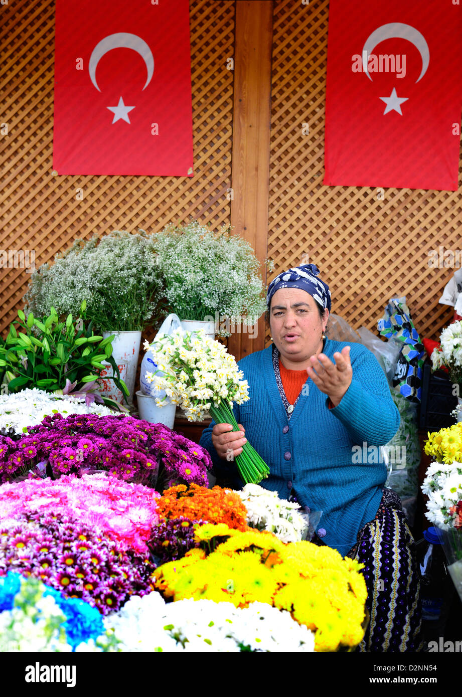Une vendeuse de fleurs à Istanbul en Turquie. Banque D'Images