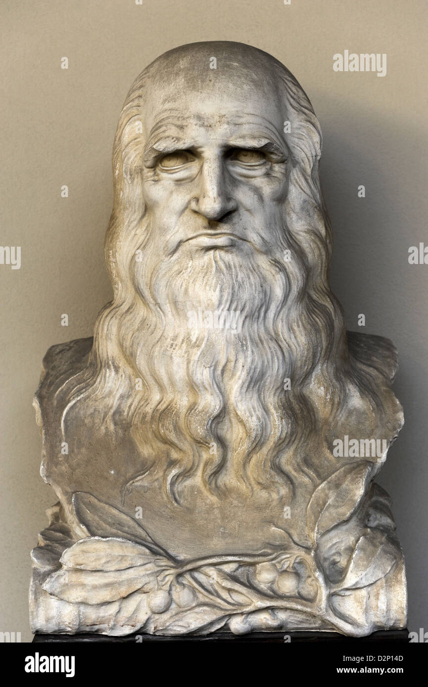 Leonardo da Vinci (1452-1519). Grand penseur de la Renaissance italienne. Buste. Cour de Pinacoteca Ambrosiana. Milan. L'Italie. Banque D'Images