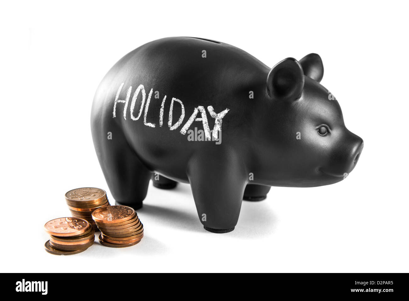 Tirelire noir sur fond blanc avec 'holiday' écrit dessus Banque D'Images
