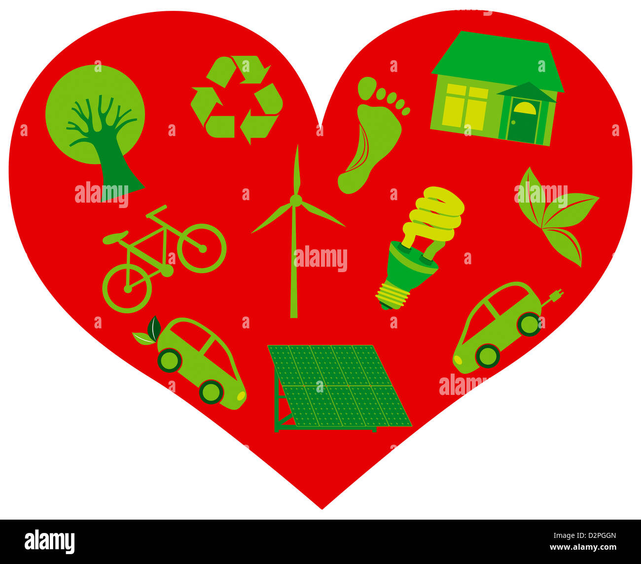 Coeur rouge avec Eco Friendly recycler des symboles et isolé sur fond blanc Illustration Banque D'Images