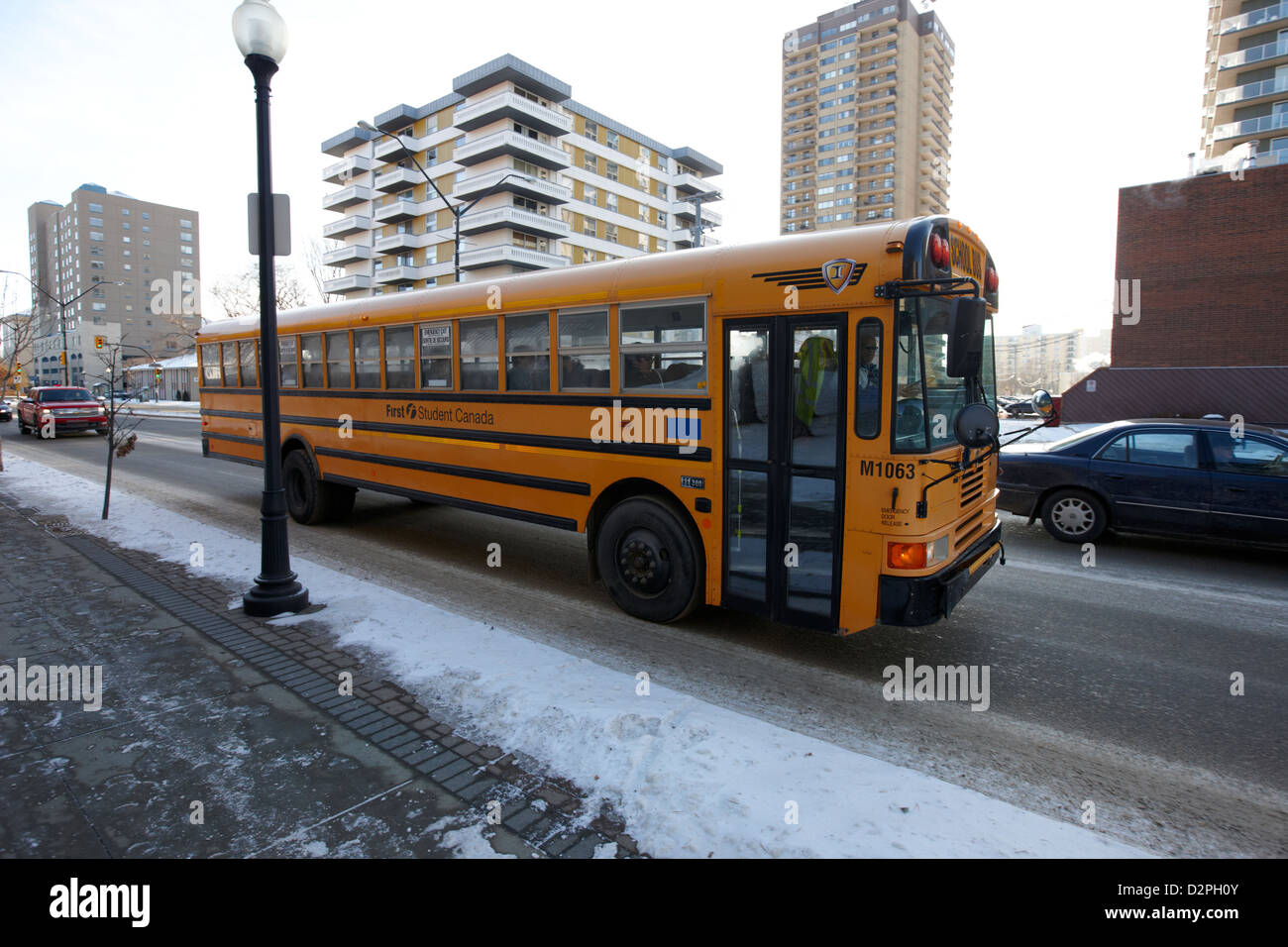 First Student Canada yellow school bus Saskatoon Saskatchewan Canada Banque D'Images