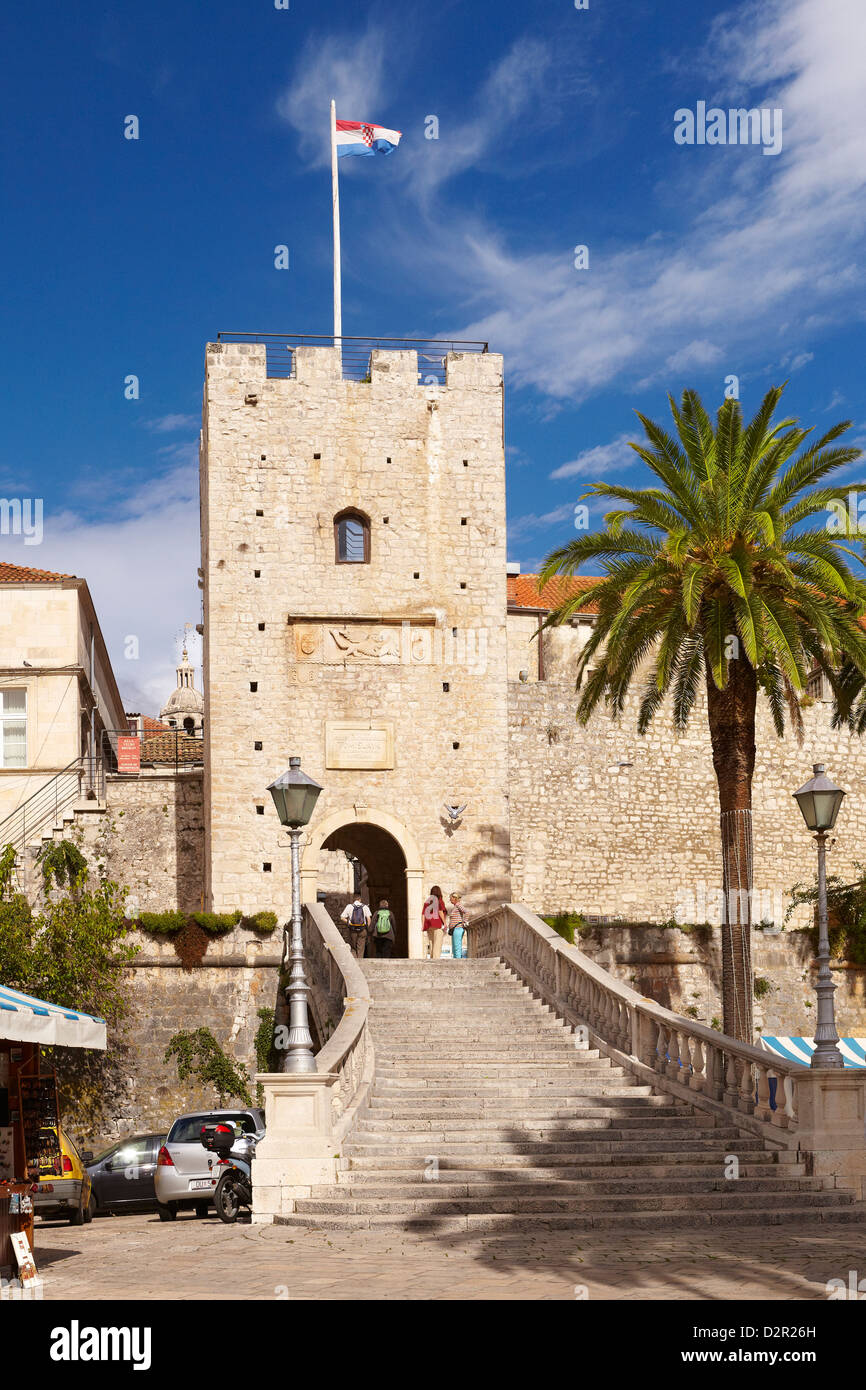 Korcula, Land Gate & Tour Revelin, Croatie Banque D'Images