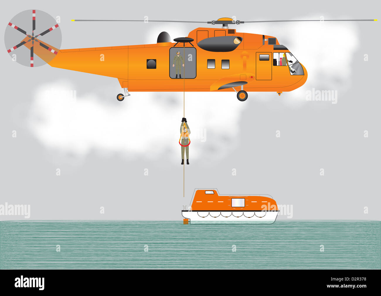 Une illustration vectorielle détaillée d'un hélicoptère de recherche et sauvetage d'Orange tout en planant un treuillage d'équipage sur un bateau de sauvetage à une opération de sauvetage Banque D'Images