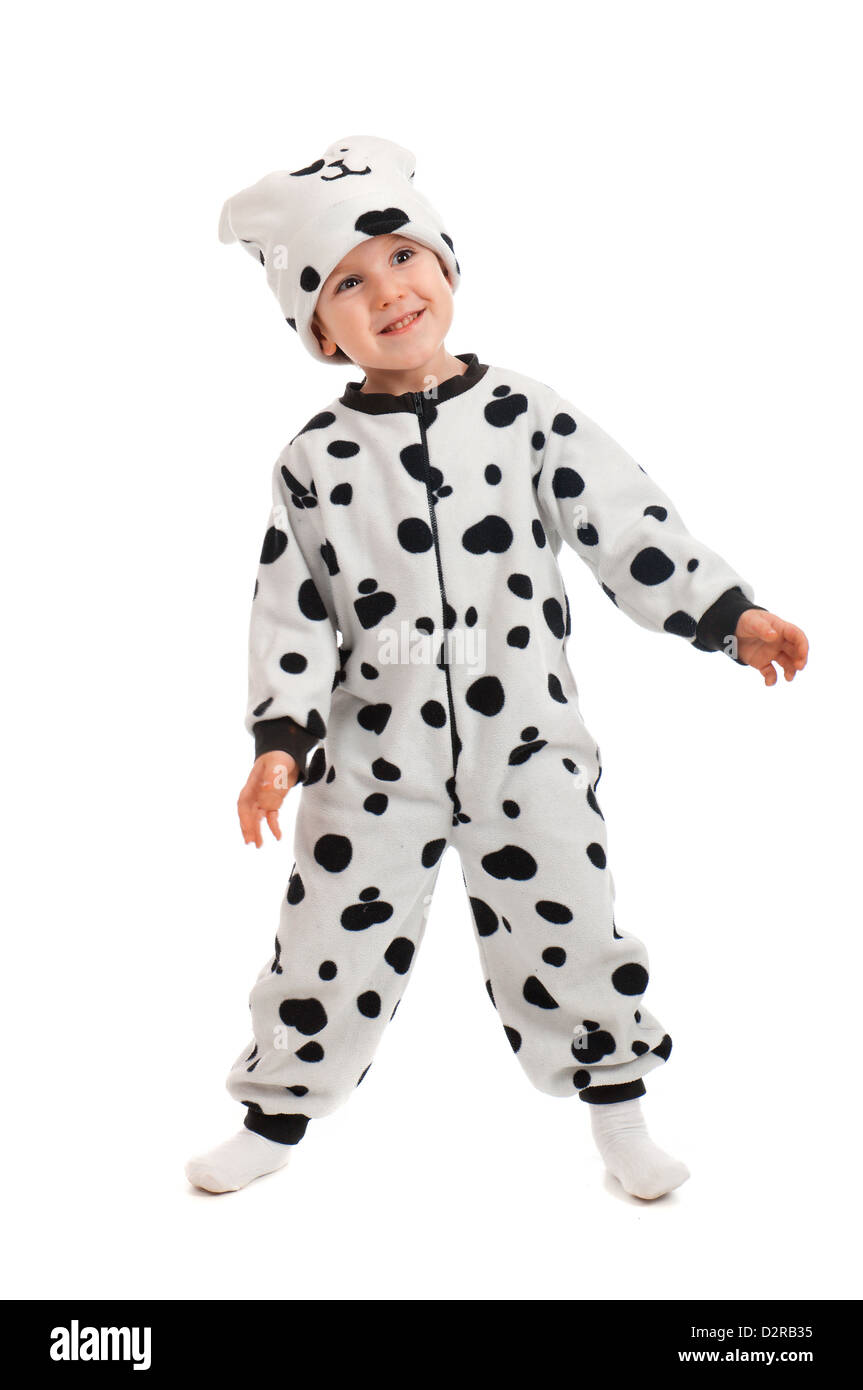Petit garçon vêtu d'un costume Dalmatien.Plum-pudding Dog Banque D'Images