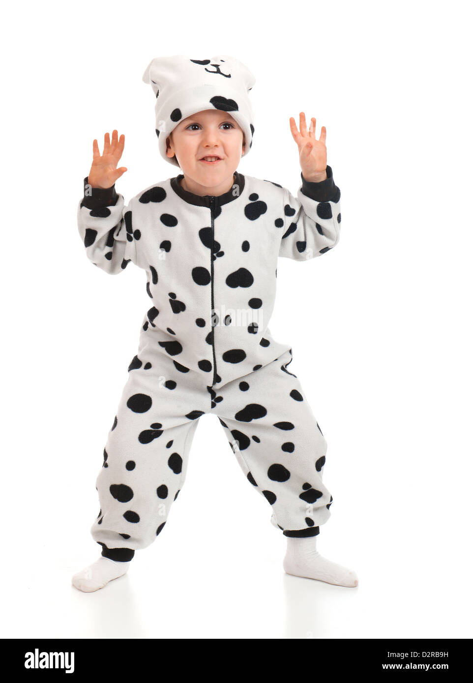 Petit garçon vêtu d'un costume Dalmatien.Plum-pudding Dog Banque D'Images