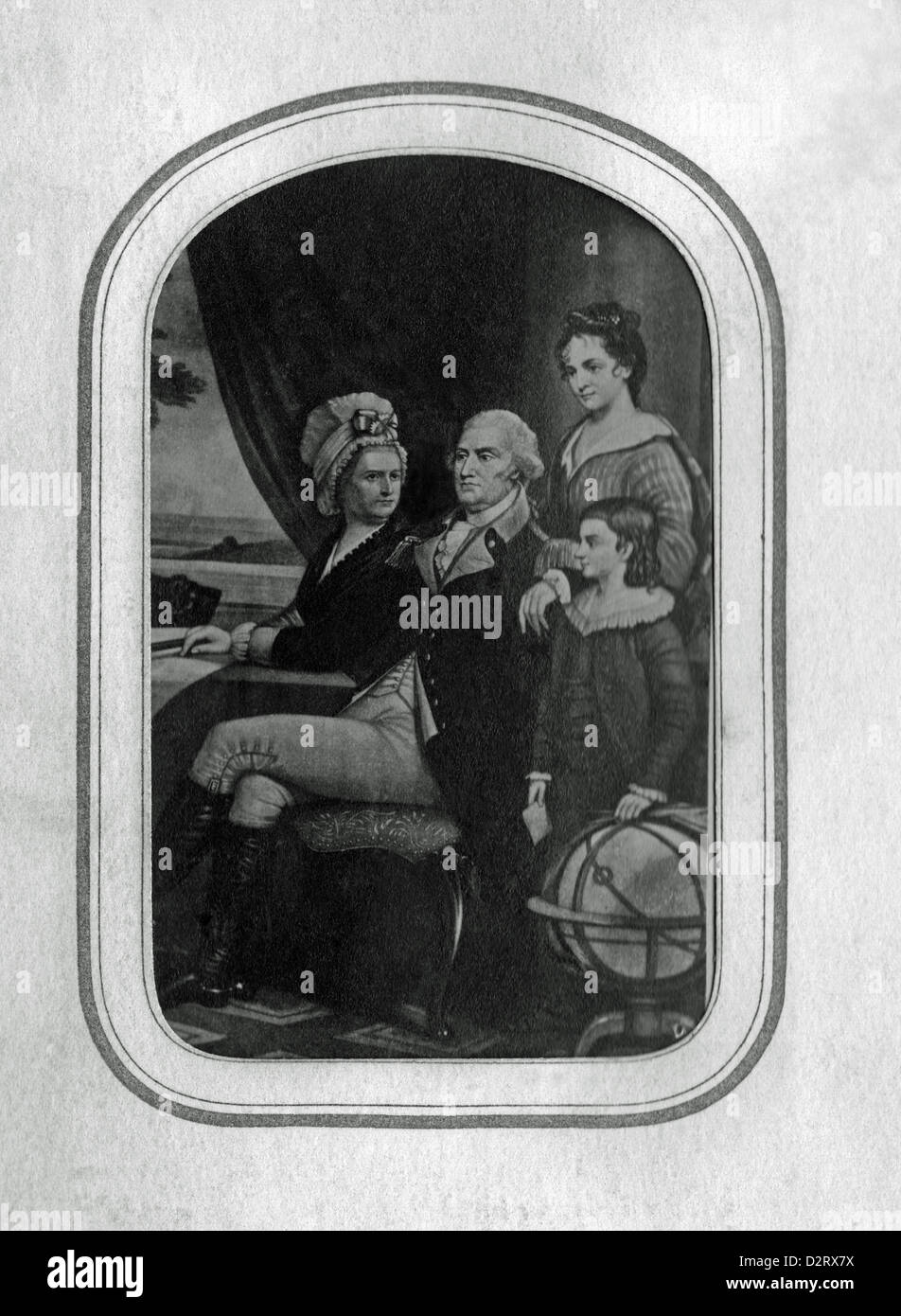 Vintage photographie d'une peinture de George Washington, avec son épouse Martha et leurs enfants, vers 1780. Banque D'Images