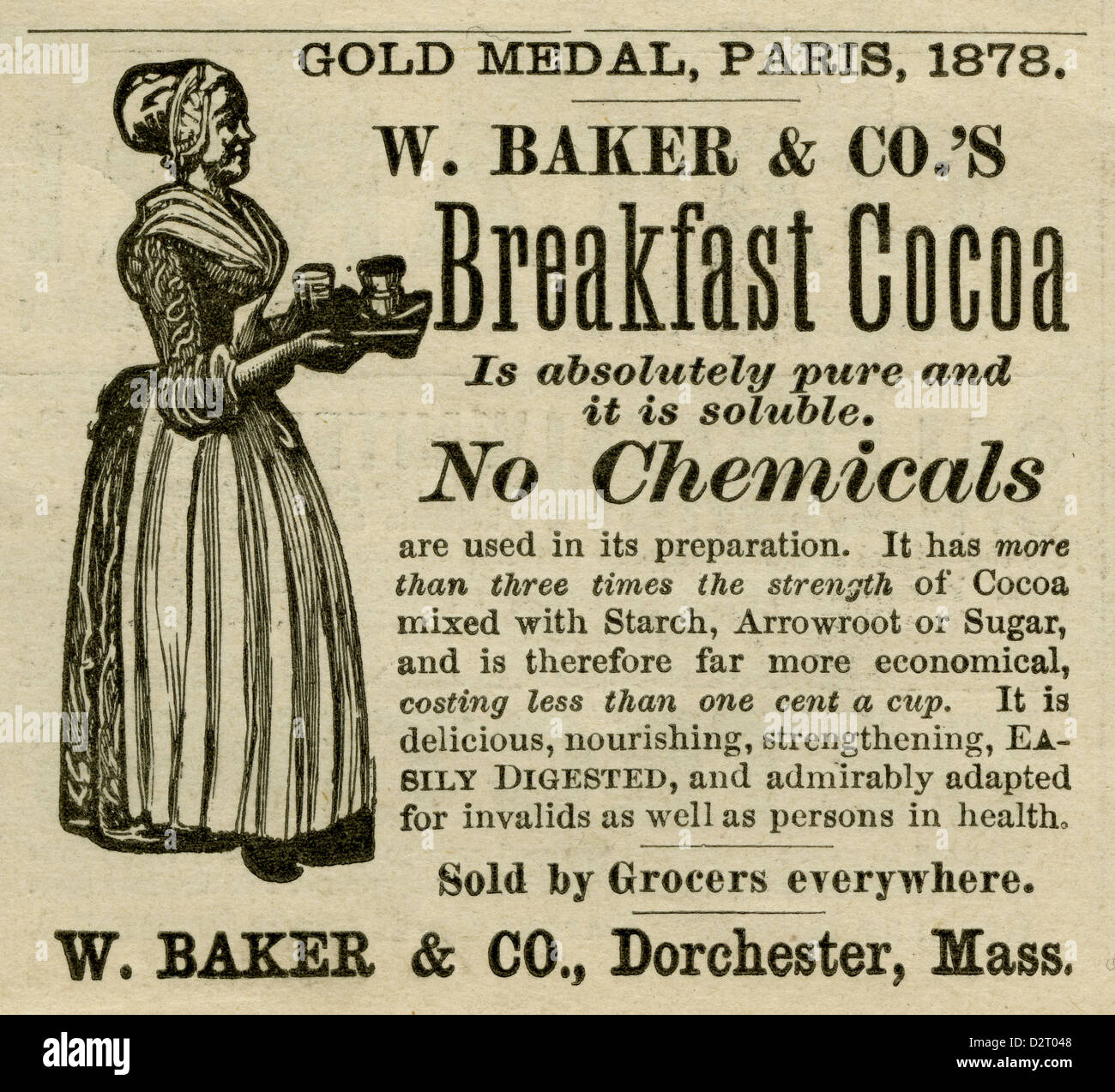 Publicité 1890, W. Baker & Co's Breakfast du cacao. Banque D'Images