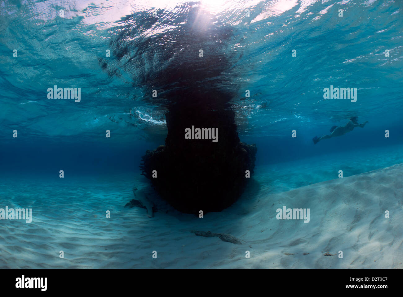 Young Woman snorkeling autour d'un naufrage en peu de Dog Island dans l'archipel des San Blas au Panama Banque D'Images